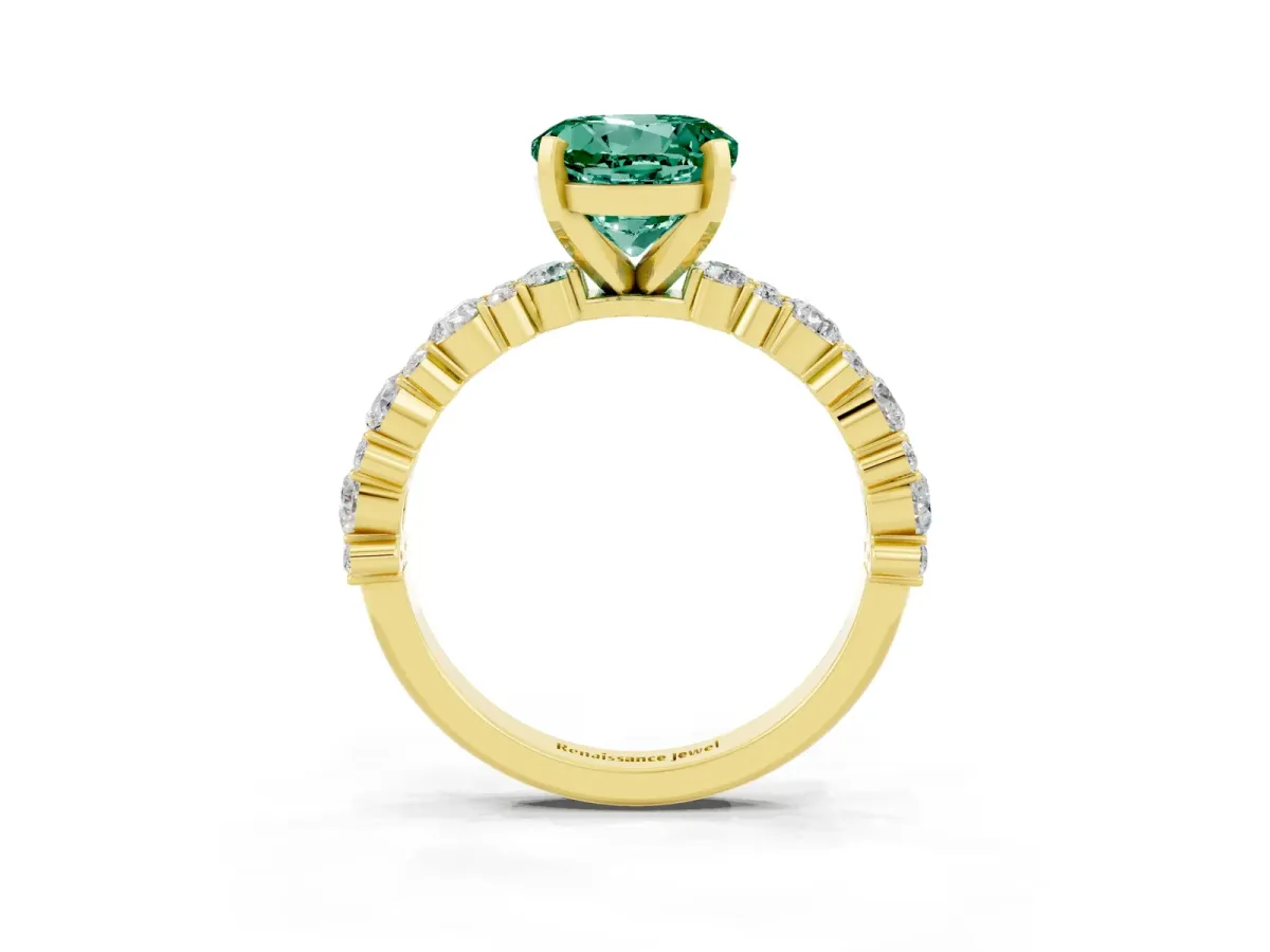 Round Cut Green Sapphire Side Stone Solitaire Ring with Round and Four-Prong Setting Yellow gold