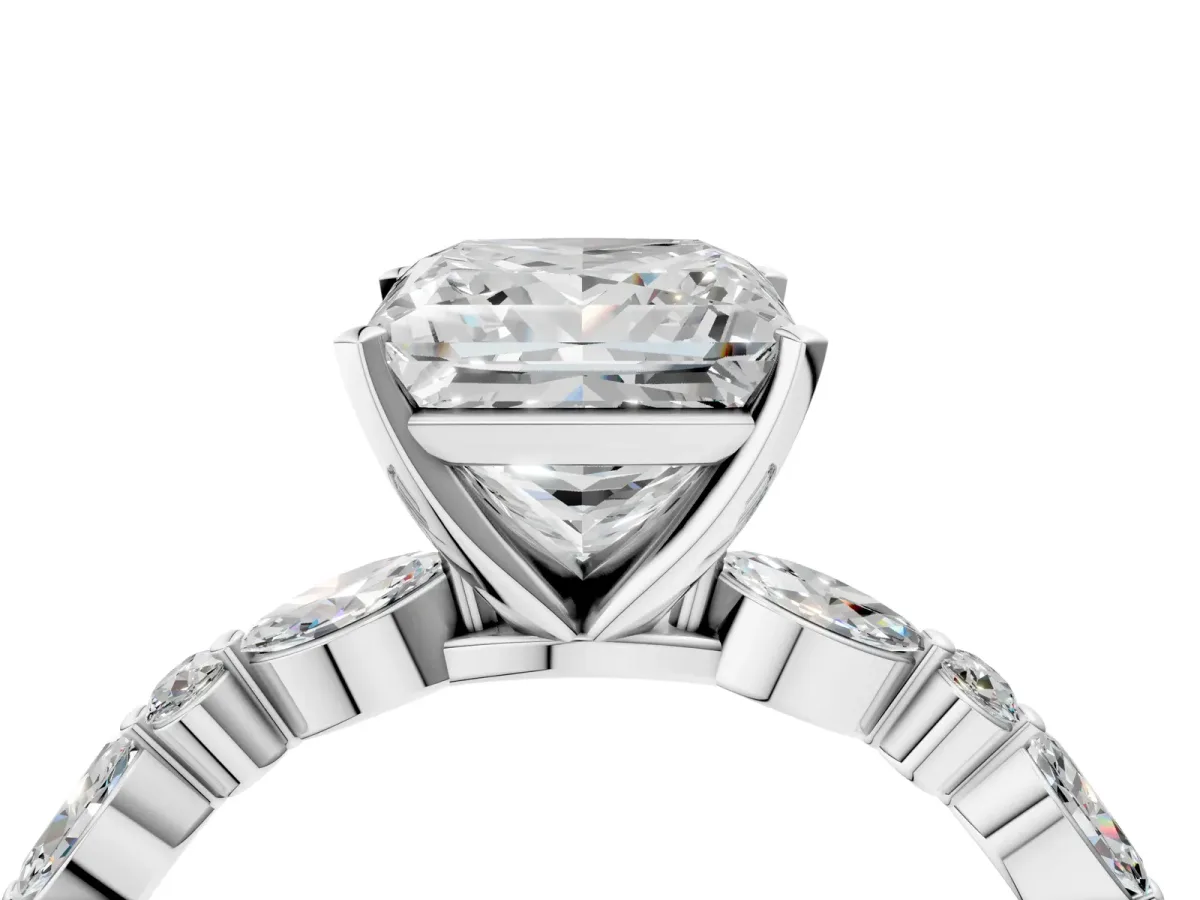 Princess Cut Diamond Ring with Marquise and Round Side Stones and Four-Prong Setting Silver