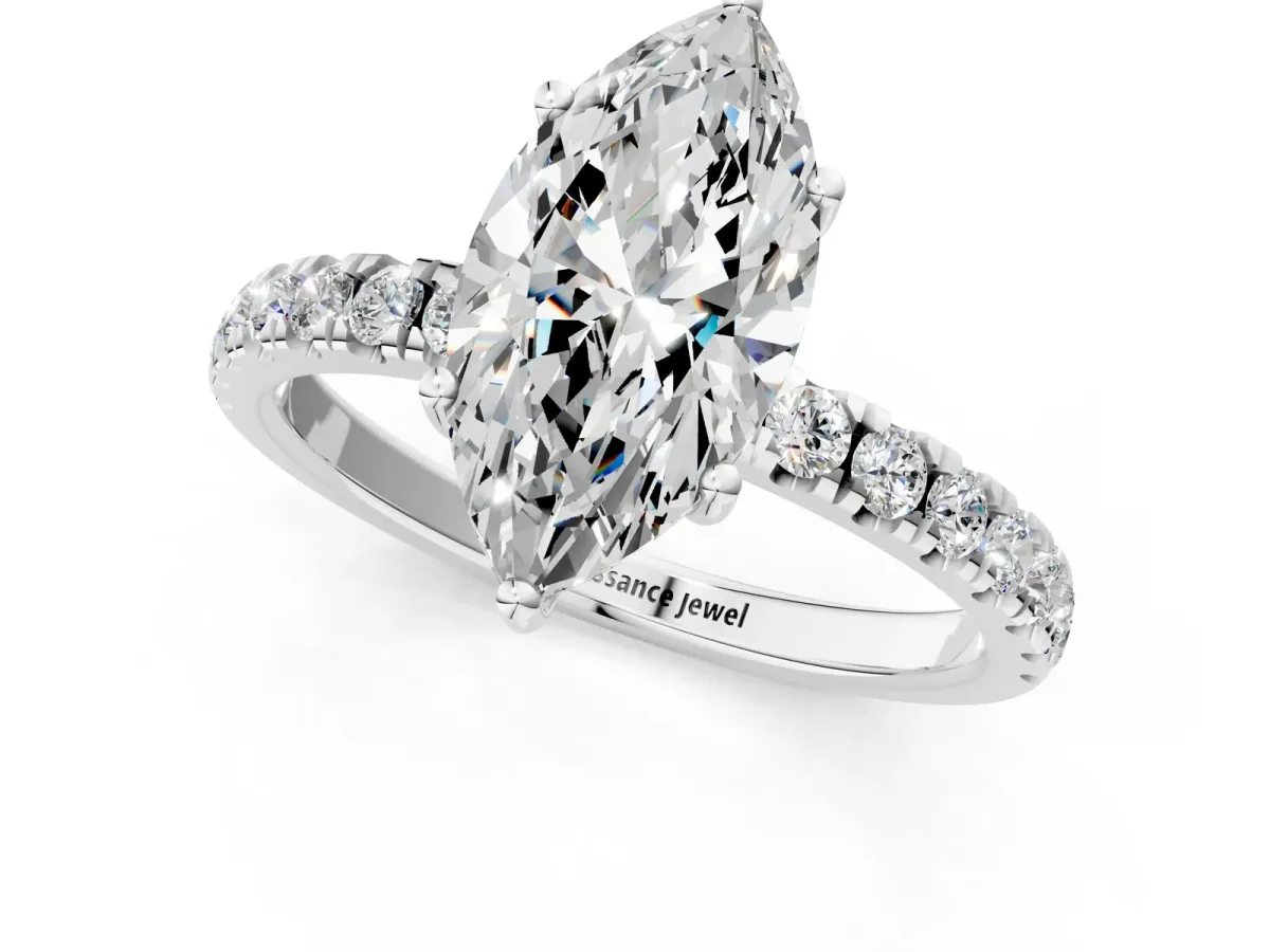 Marquise Cut Diamond Pave Band Solitaire Ring with Round and Prong Setting Platinum