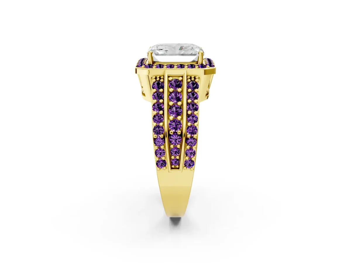 Radiant Cut Halo Diamond Ring with Round Amethyst Split Shank and Prong Setting Yellow gold