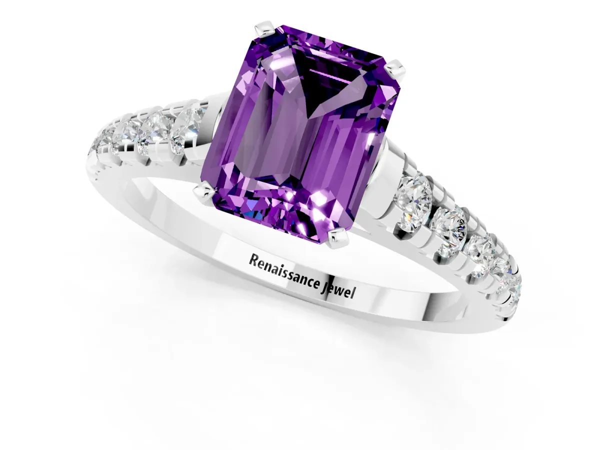 Emerald Cut Amethyst Cathedral Solitaire Ring with Round Pavé Band Silver