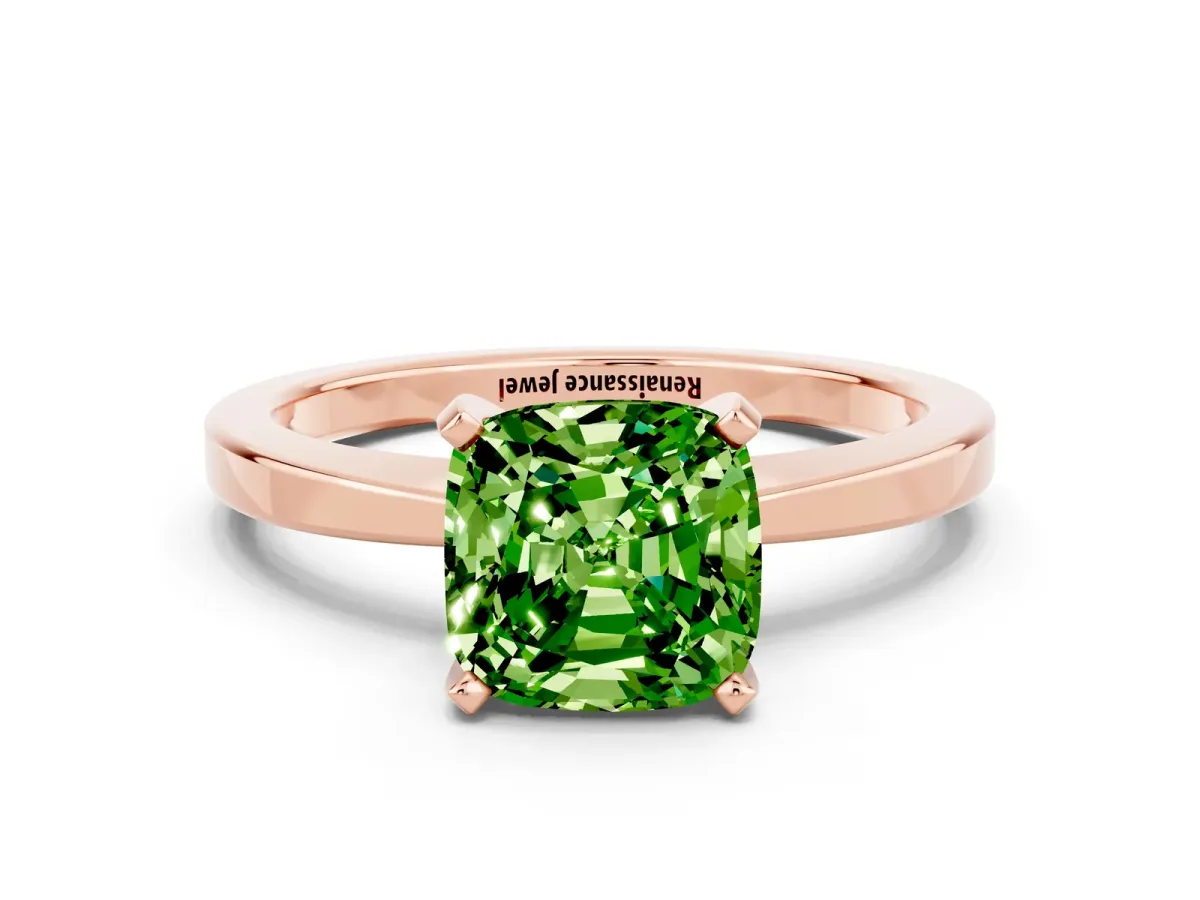 Cushion Cut Peridot Solitaire Engagement Ring with Classic Band and Four-Prong Setting Rose gold