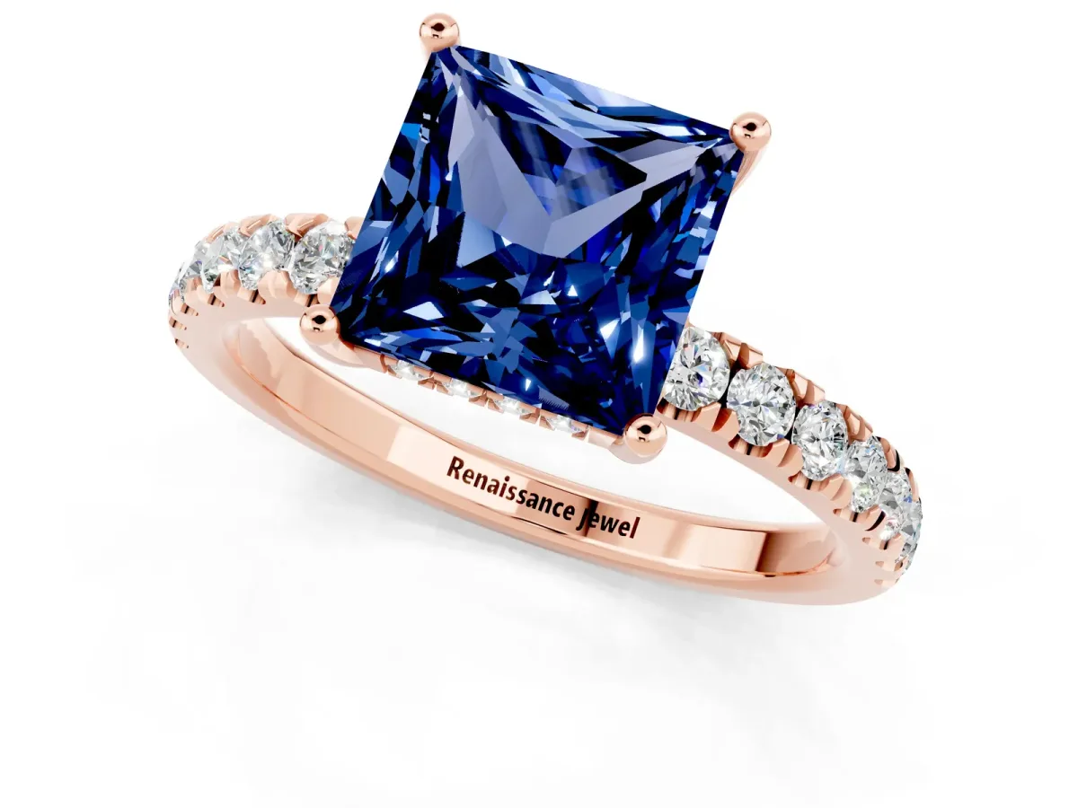 Princess Cut Blue Sapphire Pave Band Solitaire Ring with Round and Prong Setting Rose gold