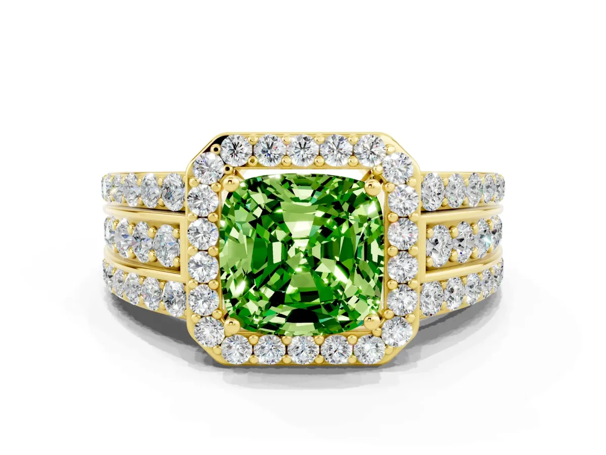 Cushion Cut Halo Peridot Ring with Round Split Shank and Prong Setting Yellow gold