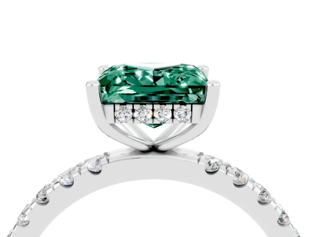 Princess Cut Green Sapphire Pave Band Solitaire Ring with Round and Prong Setting Platinum