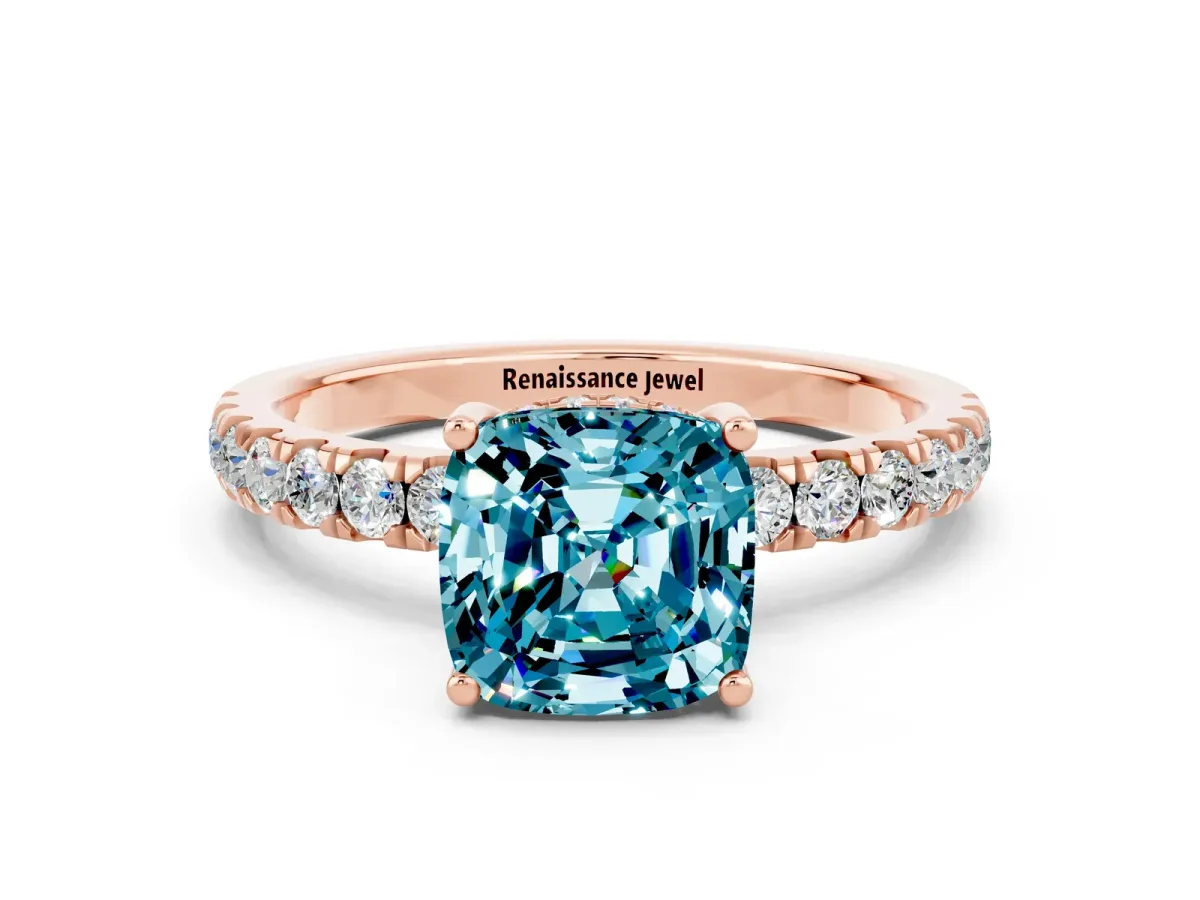 Cushion Cut Blue Topaz Pave Band Solitaire Ring with Round and Prong Setting Rose gold