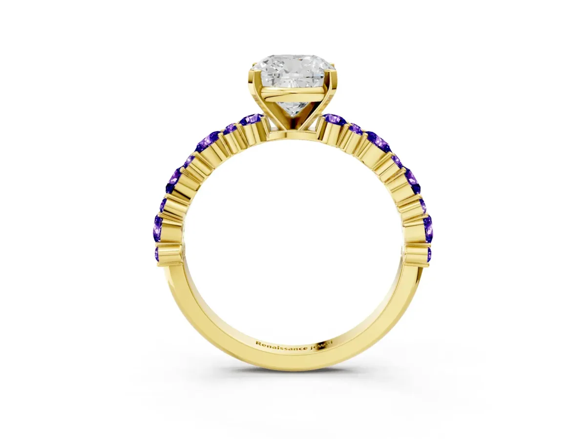 Cushion Cut Diamond Side Stone Solitaire Ring with Round Tanzanite and Four-Prong Setting Yellow gold