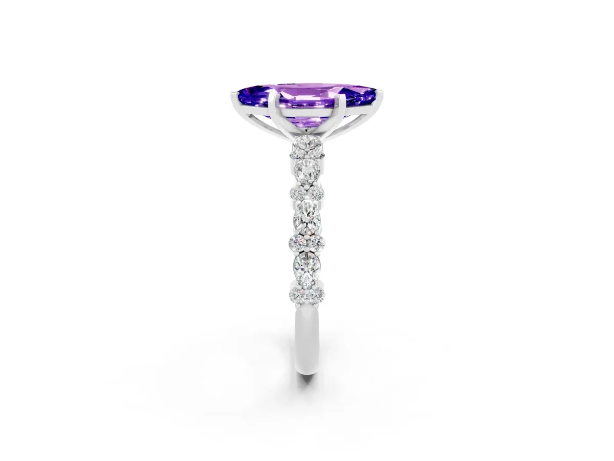 Marquise Cut Tanzanite Side Stone Solitaire Ring with Round and Four-Prong Setting White gold