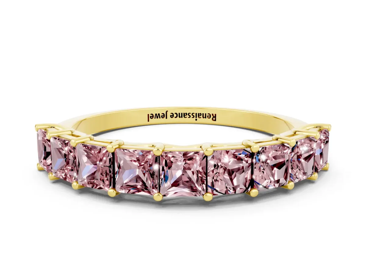 Princess Cut Morganite Channel-Set Eternity Band with Prong Setting Yellow gold