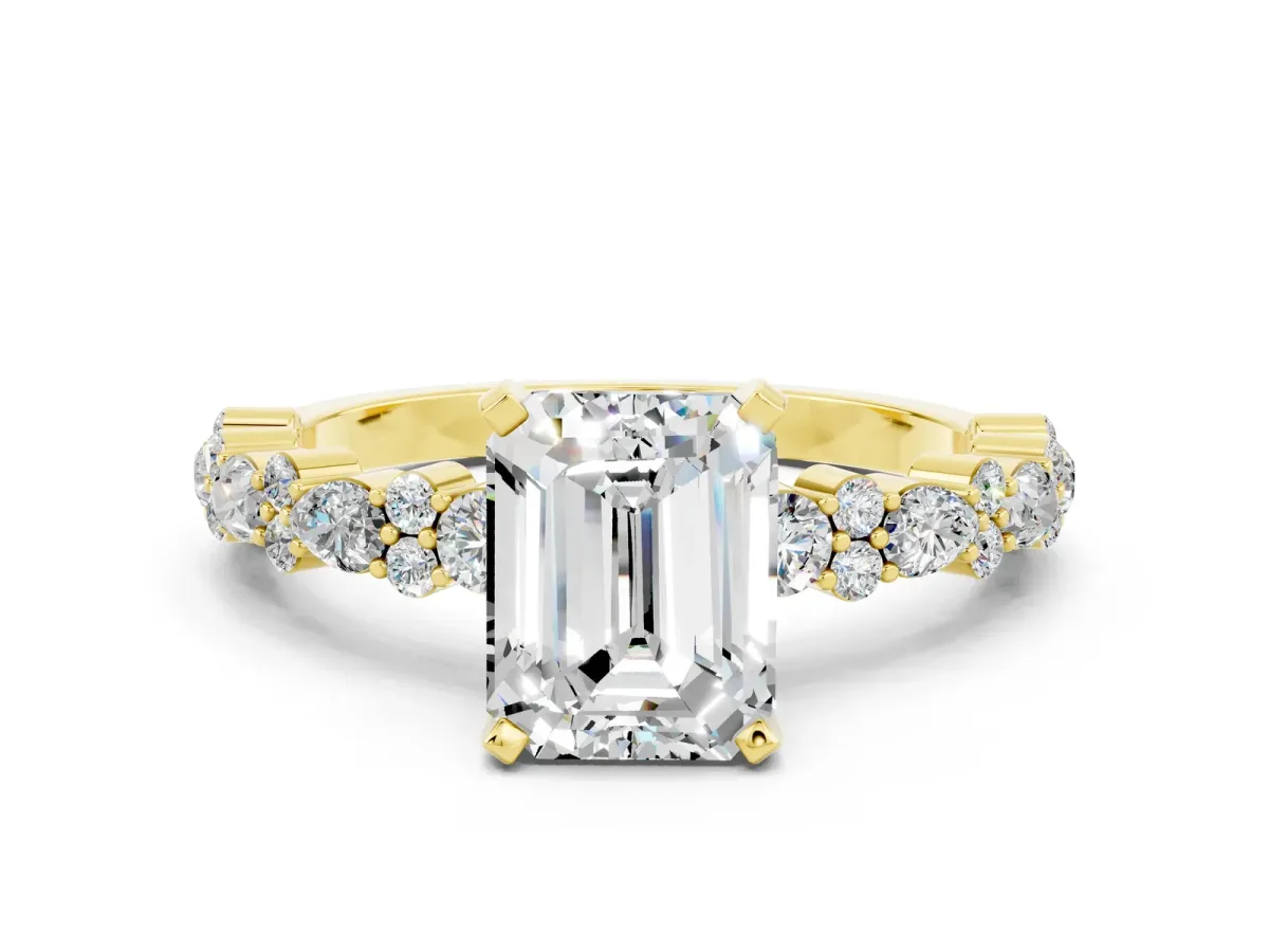 Emerald Cut Moissanite Side Stone Solitaire Ring with Round and Four-Prong Setting Yellow gold