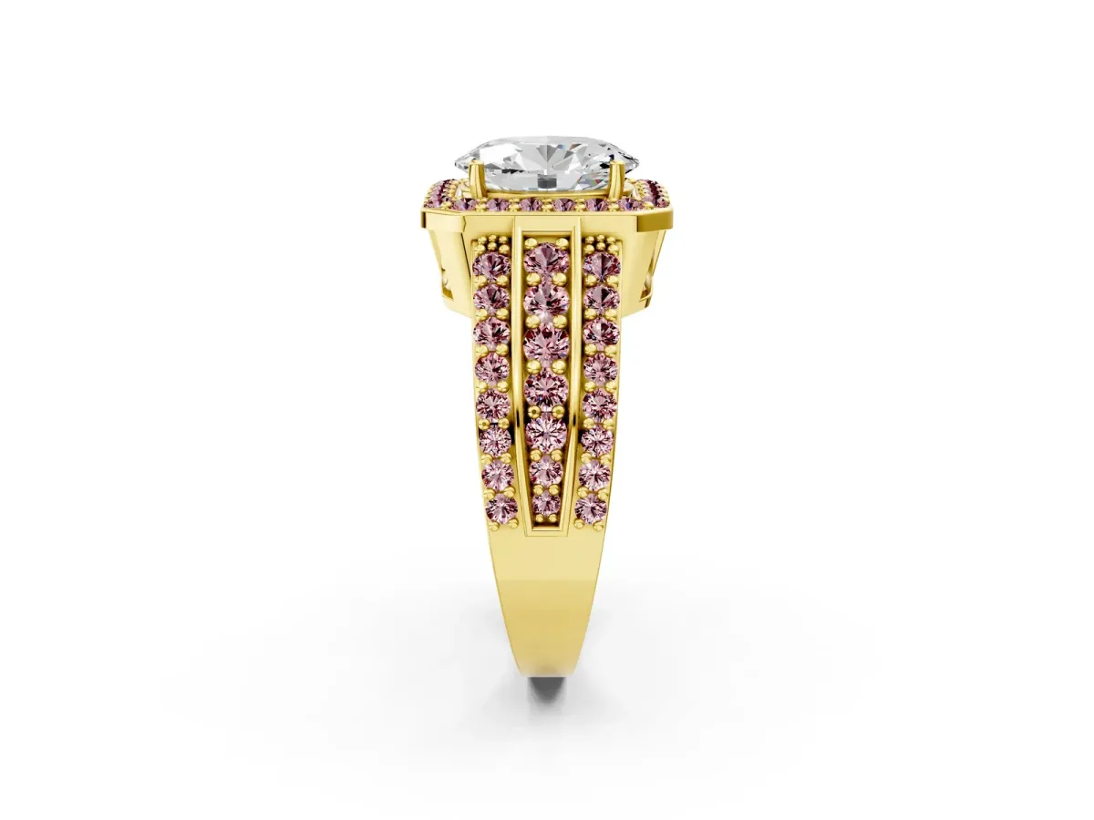 Oval Cut Halo Diamond Ring with Round Morganite Split Shank and Prong Setting Yellow gold
