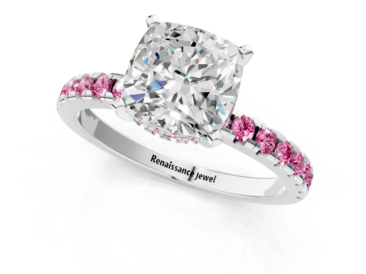 Cushion Cut Diamond Solitaire Ring with Round Pink Sapphire Pavé Band and Four-Prong Setting Silver