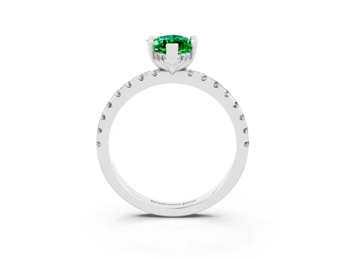 Marquise Cut Emerald Solitaire Ring with Round Pavé Band and Four-Prong Setting White gold