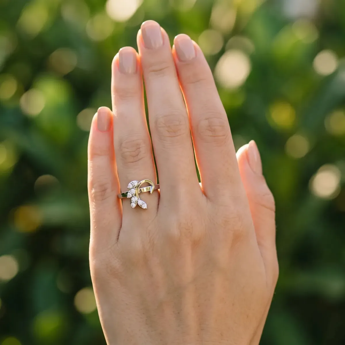 Marquise Diamond Cluster Bypass Ring with Prong Setting White gold