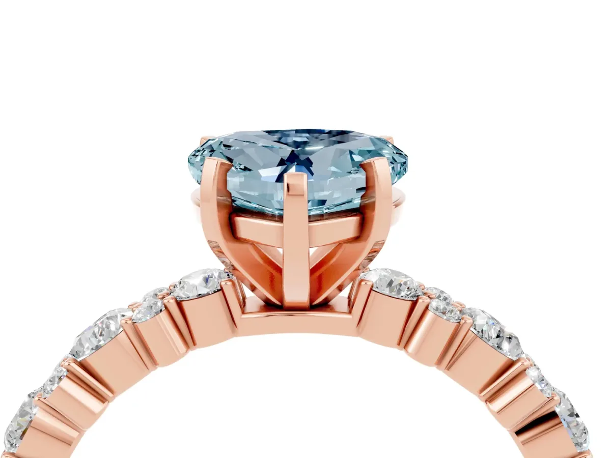 Heart Cut Aquamarine Side Stone Solitaire Ring with Round and Four-Prong Setting Rose gold
