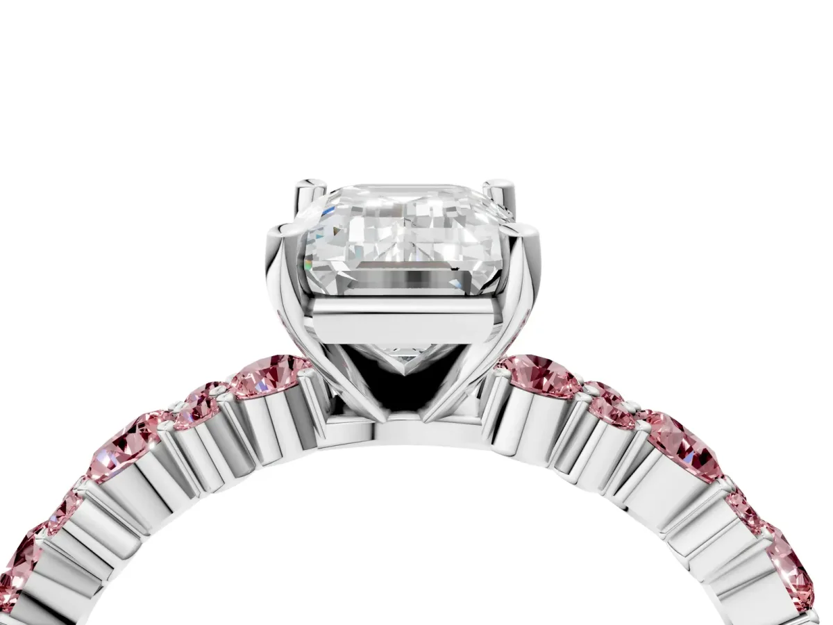 Emerald Cut Diamond Side Stone Solitaire Ring with Round Morganite and Four-Prong Setting Silver