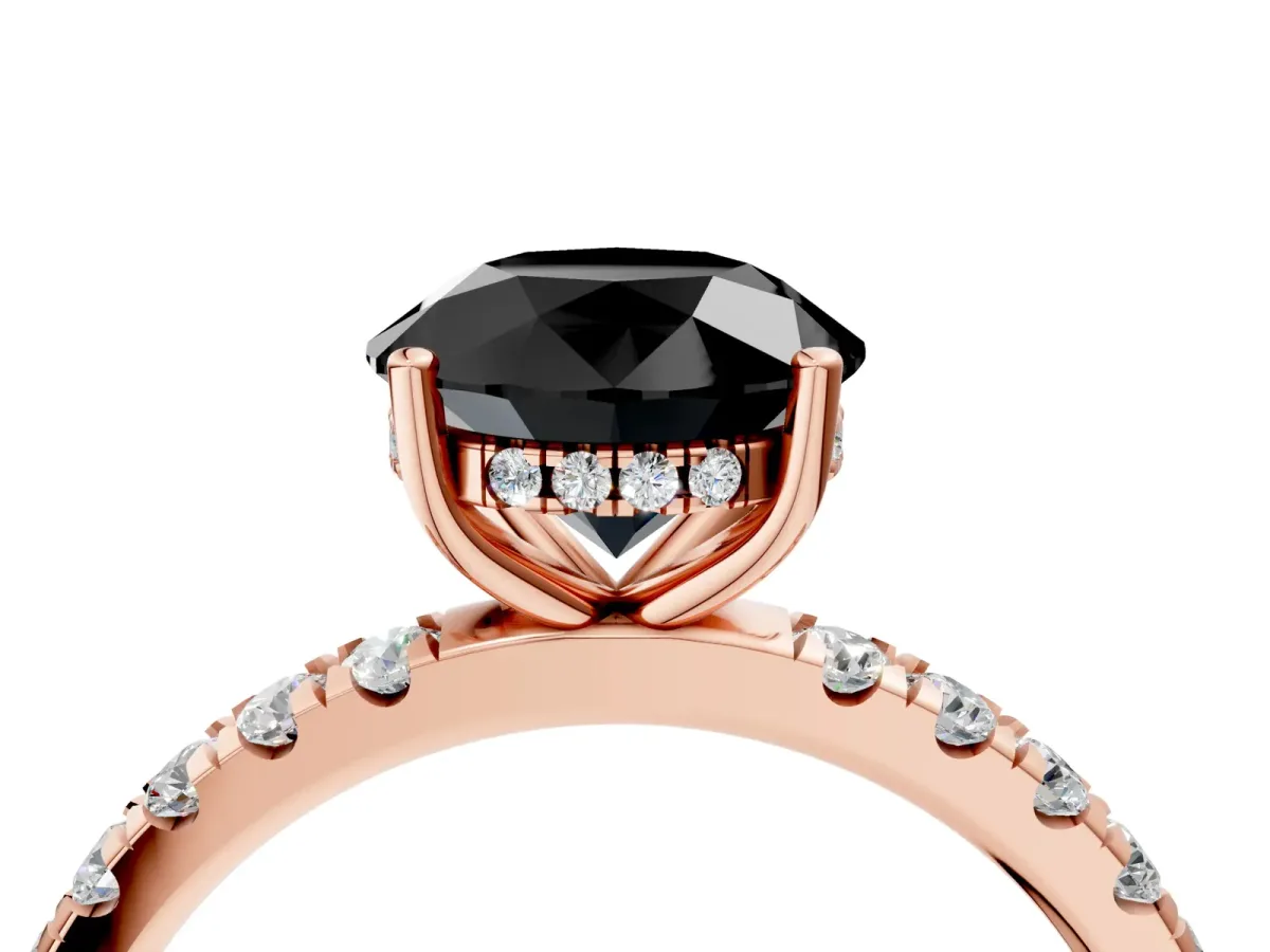 Fancy Black Round Cut Diamond Pave Band Solitaire Ring with Round and Prong Setting Rose gold