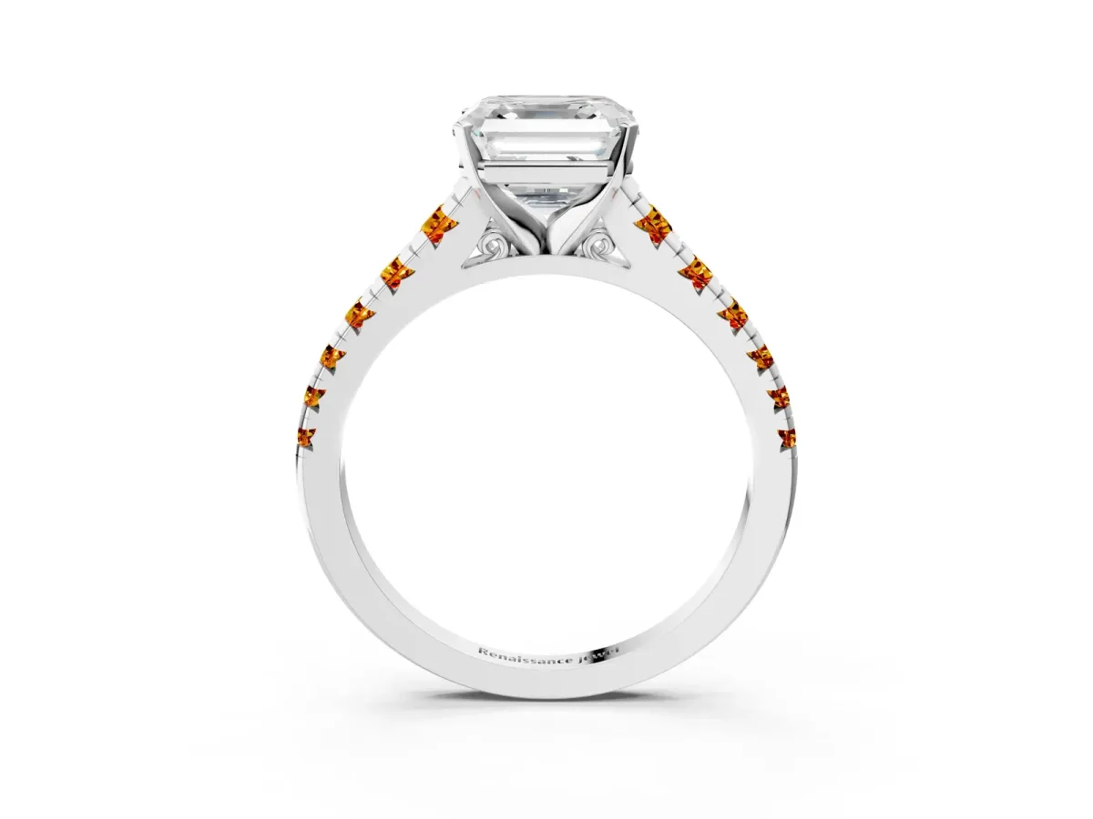 Asscher Cut Diamond Cathedral Solitaire Ring with Round Citrine Pavé Band Silver