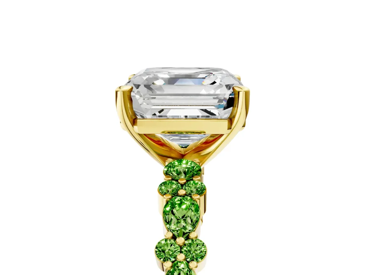 Asscher Cut Diamond Side Stone Solitaire Ring with Round Peridot and Four-Prong Setting Yellow gold
