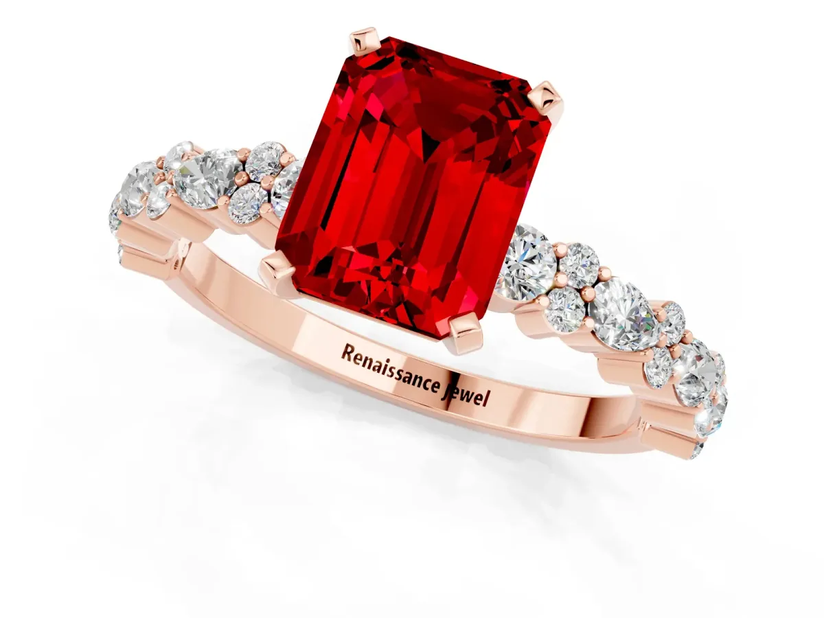 Emerald Cut Ruby Side Stone Solitaire Ring with Round and Four-Prong Setting Rose gold