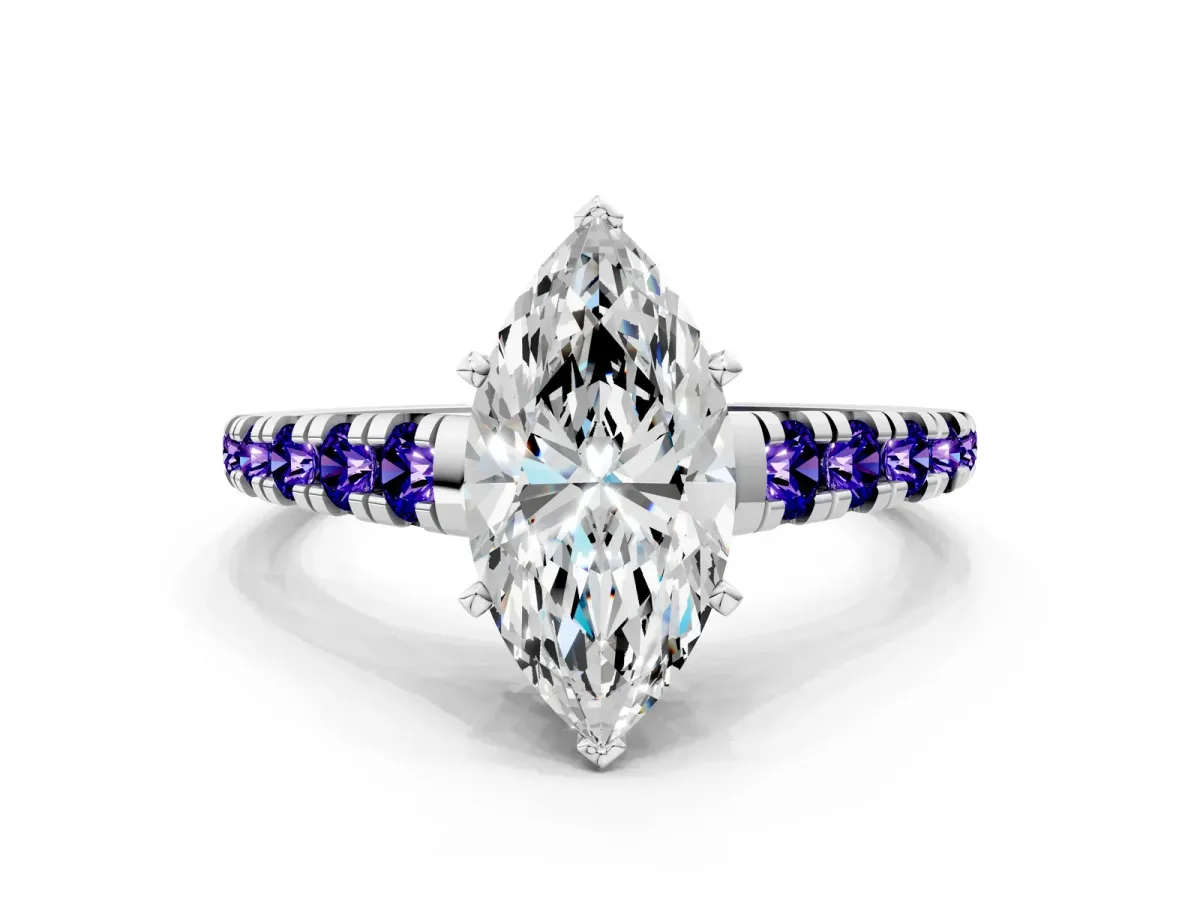 Marquise Cut Diamond Cathedral Solitaire Ring with Round Tanzanite Pavé Band Silver