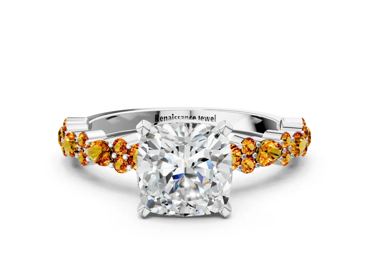 Cushion Cut Diamond Side Stone Solitaire Ring with Round Citrine and Four-Prong Setting Platinum