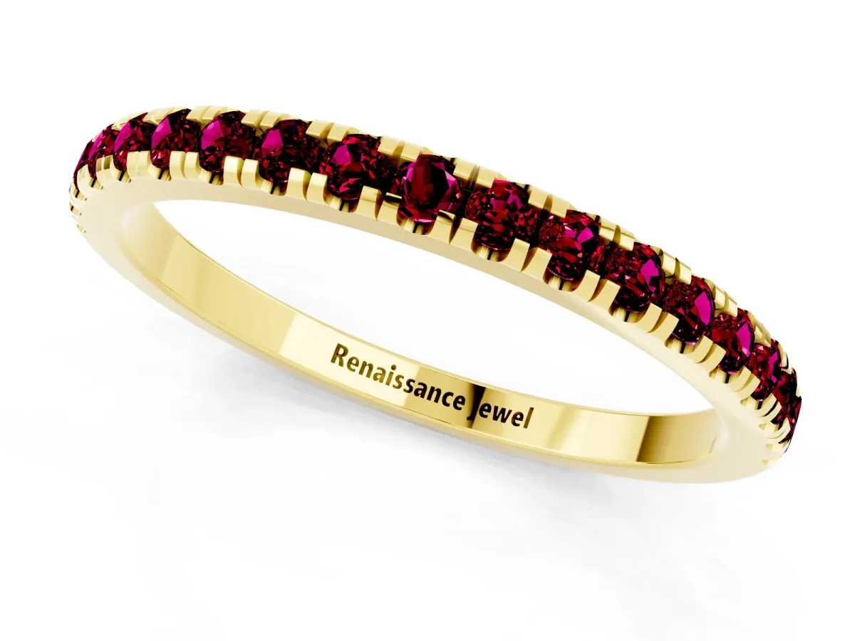 Pavé Round Garnet Half Eternity Band with Shared Prong Setting Yellow gold