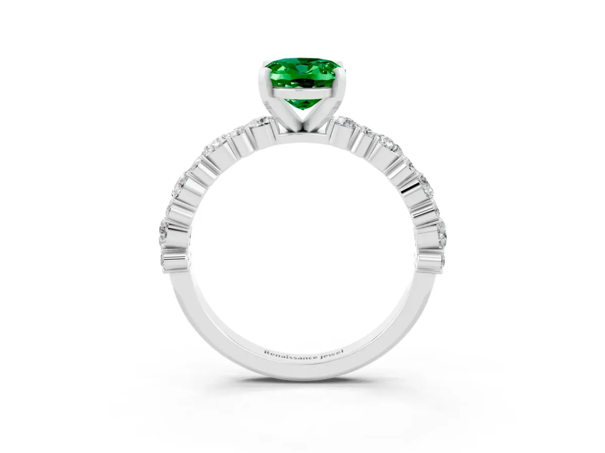 Oval Cut Emerald Side Stone Solitaire Ring with Round and Four-Prong Setting Platinum