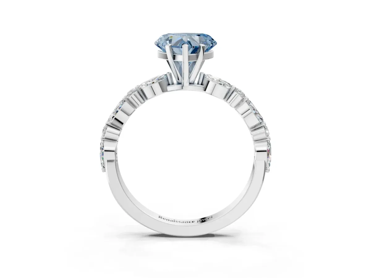 Fancy Blue Heart Cut Diamond Ring with Marquise and Round Side Stones and Four-Prong Setting Silver