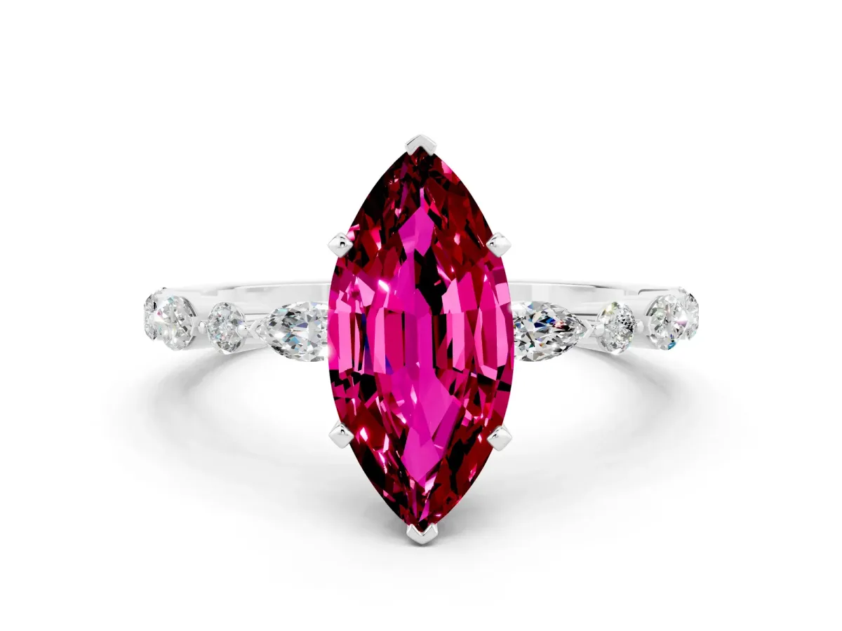 Marquise Cut Garnet Ring with Marquise and Round Side Stones and Four-Prong Setting Silver