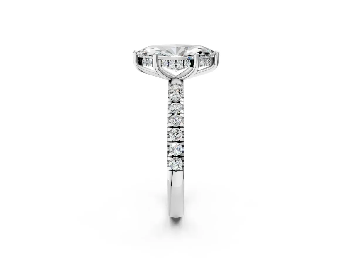 Marquise Cut Diamond Pave Band Solitaire Ring with Round Moissanite and Prong Setting Silver