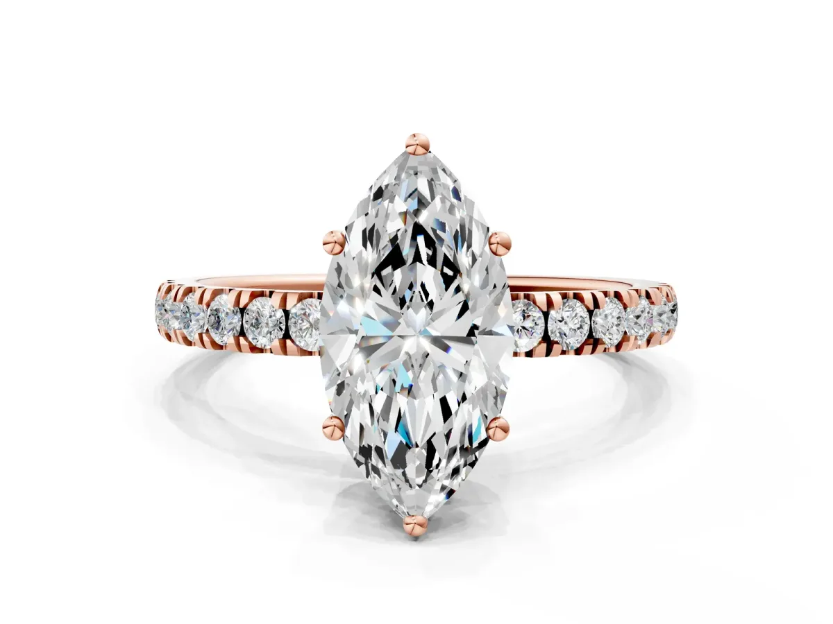 Marquise Cut Diamond Pave Band Solitaire Ring with Round Moissanite and Prong Setting Rose gold