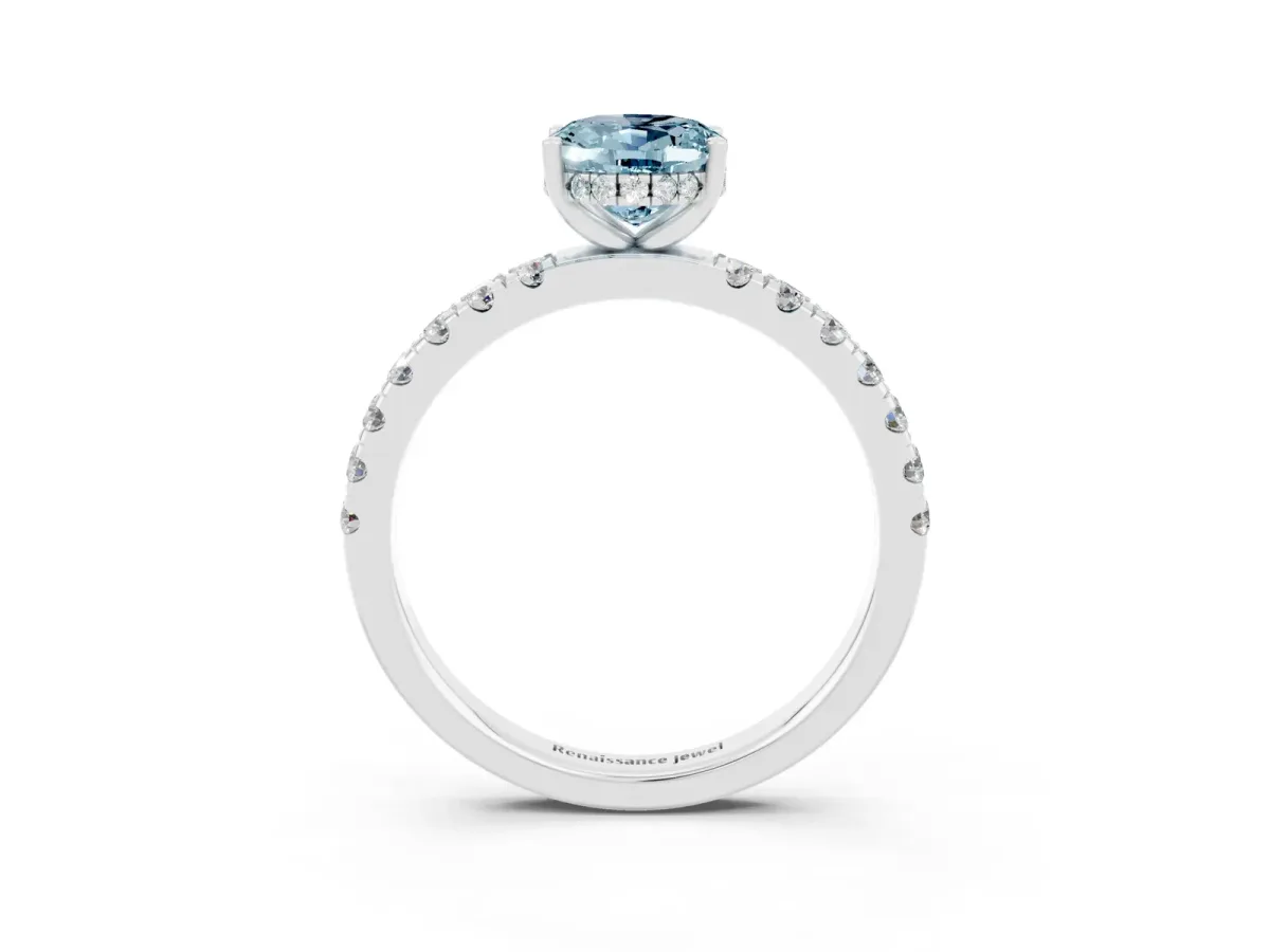 Oval Cut Aquamarine Pave Band Solitaire Ring with Round and Prong Setting White gold