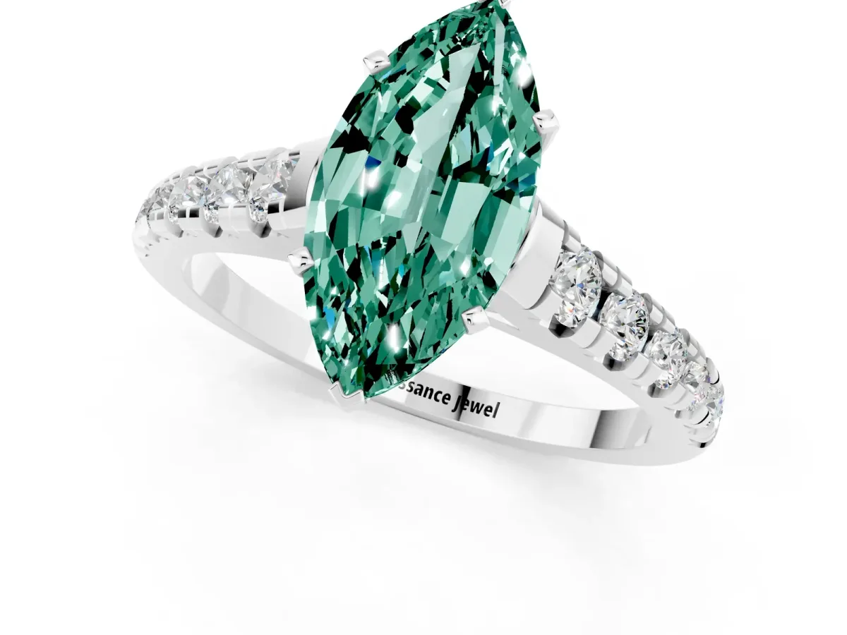 Marquise Cut Green Sapphire Cathedral Solitaire Ring with Round Pavé Band Silver