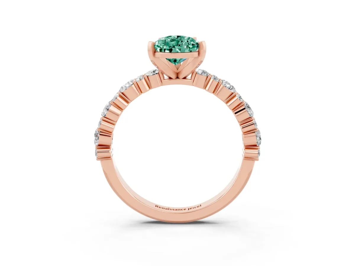 Pear Cut Green Sapphire Side Stone Solitaire Ring with Round and Four-Prong Setting Rose gold