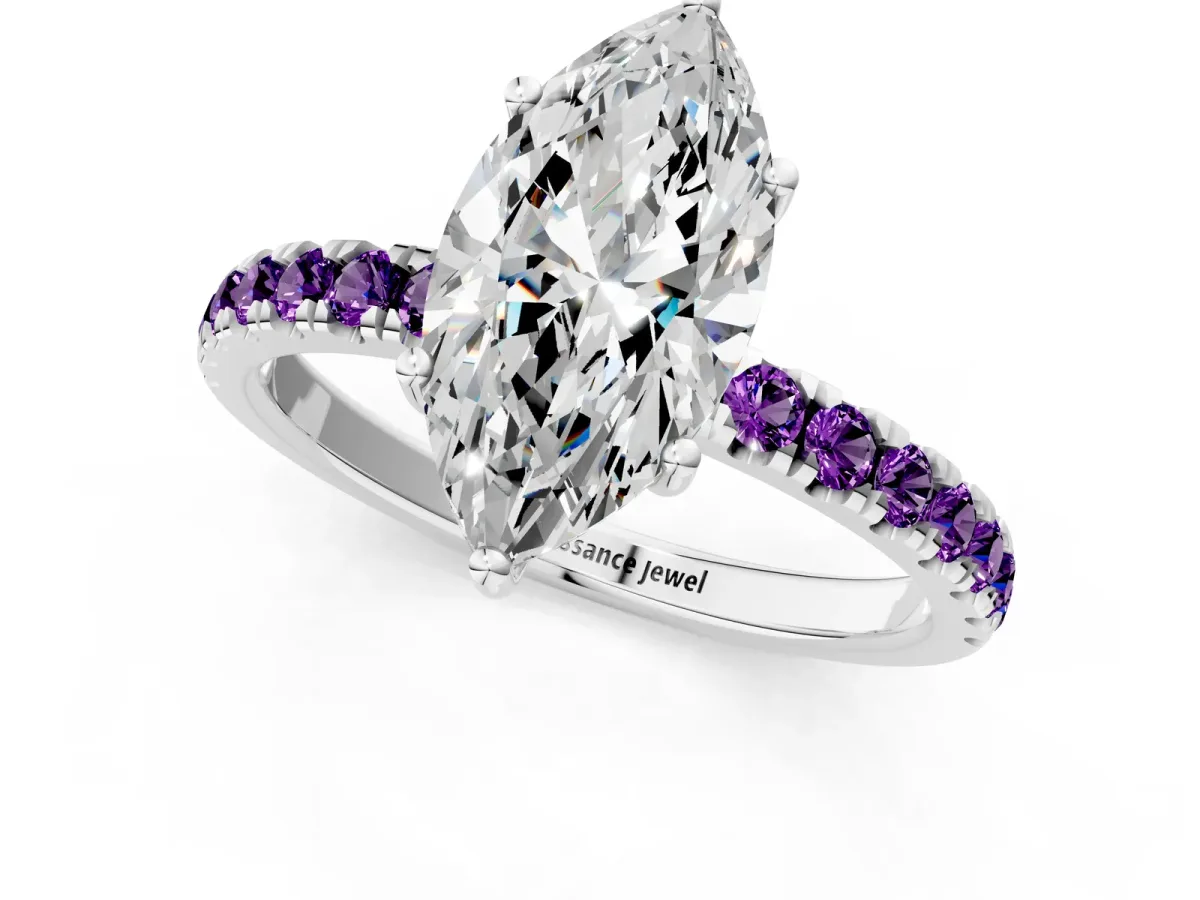 Marquise Cut Diamond Pave Band Solitaire Ring with Round Amethyst and Prong Setting Platinum