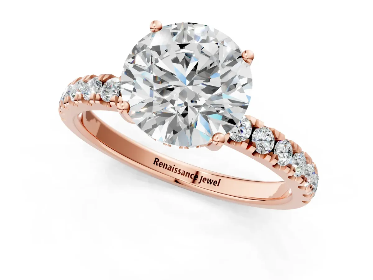 Round Cut Diamond Pave Band Solitaire Ring with Round Moissanite and Prong Setting Rose gold