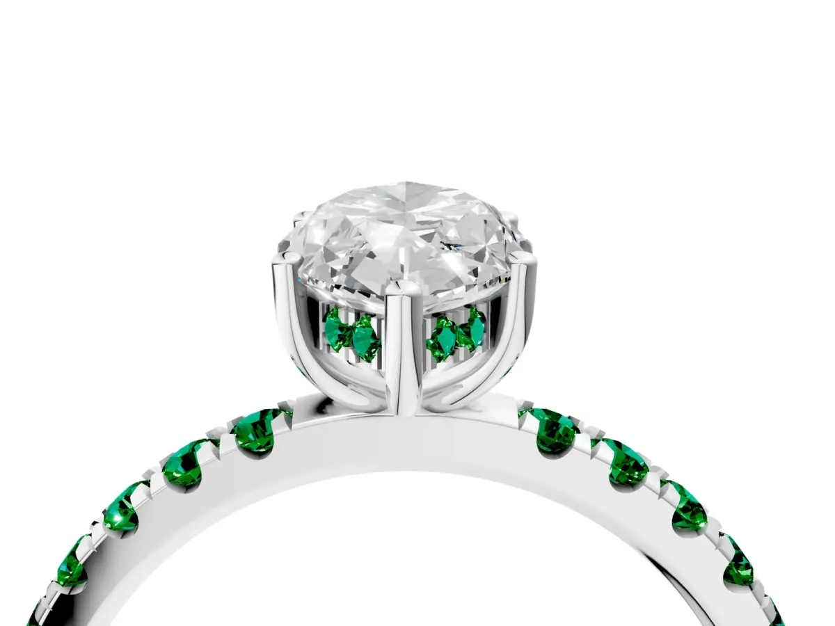 Marquise Cut Diamond Pave Band Solitaire Ring with Round Emerald and Prong Setting Platinum