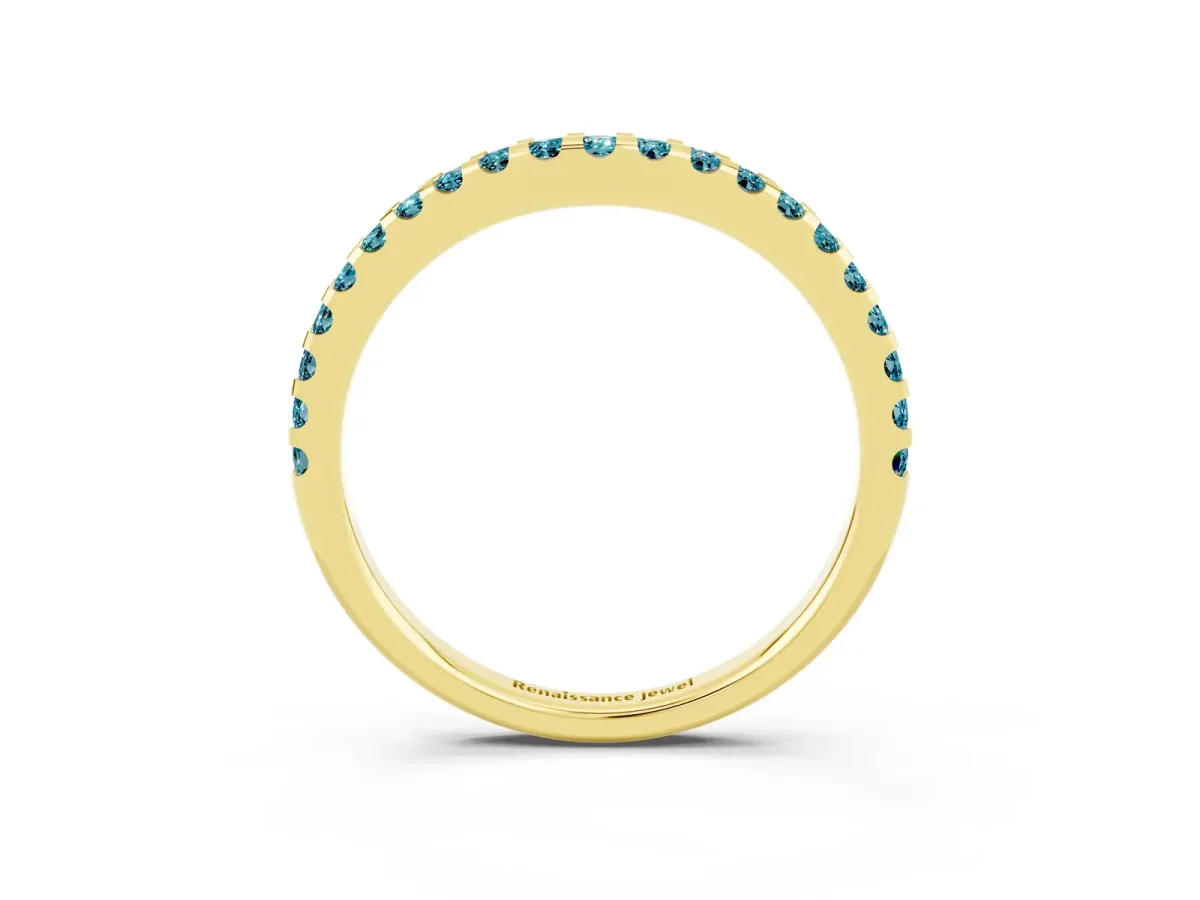 Round Blue Topaz Pavé Curved Wedding Band Yellow gold