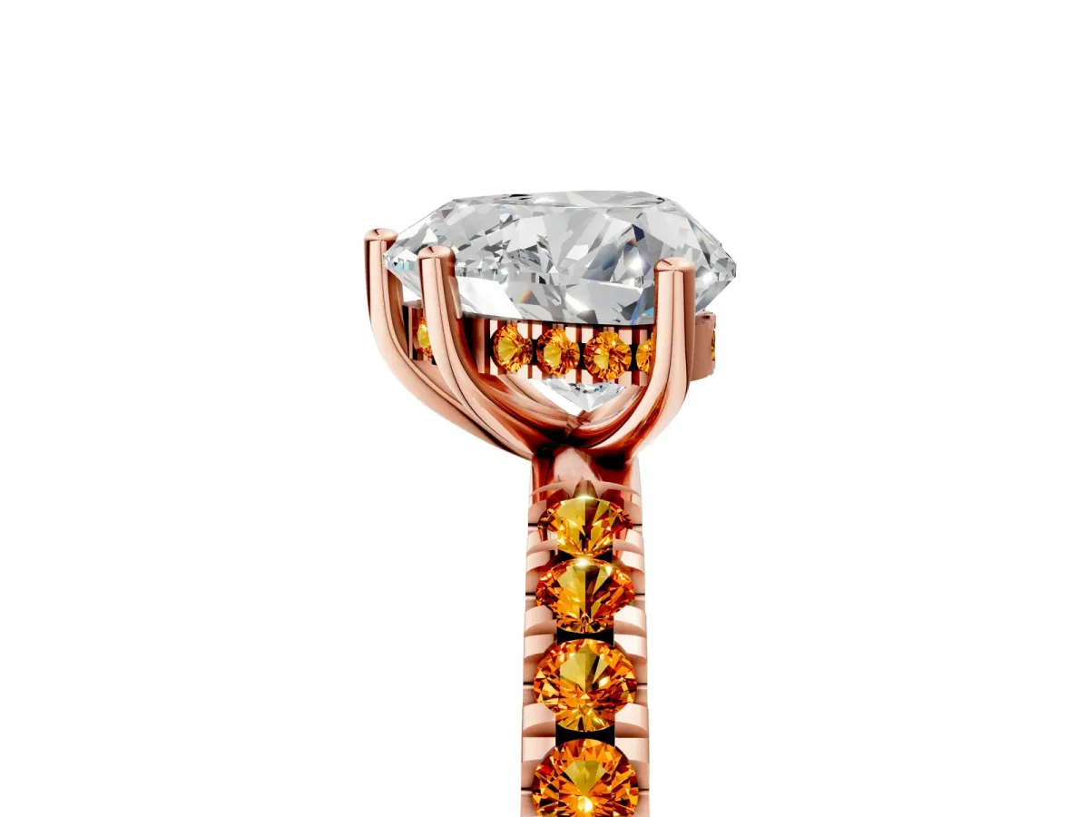 Heart Cut Diamond Pave Band Solitaire Ring with Round Citrine and Prong Setting Rose gold