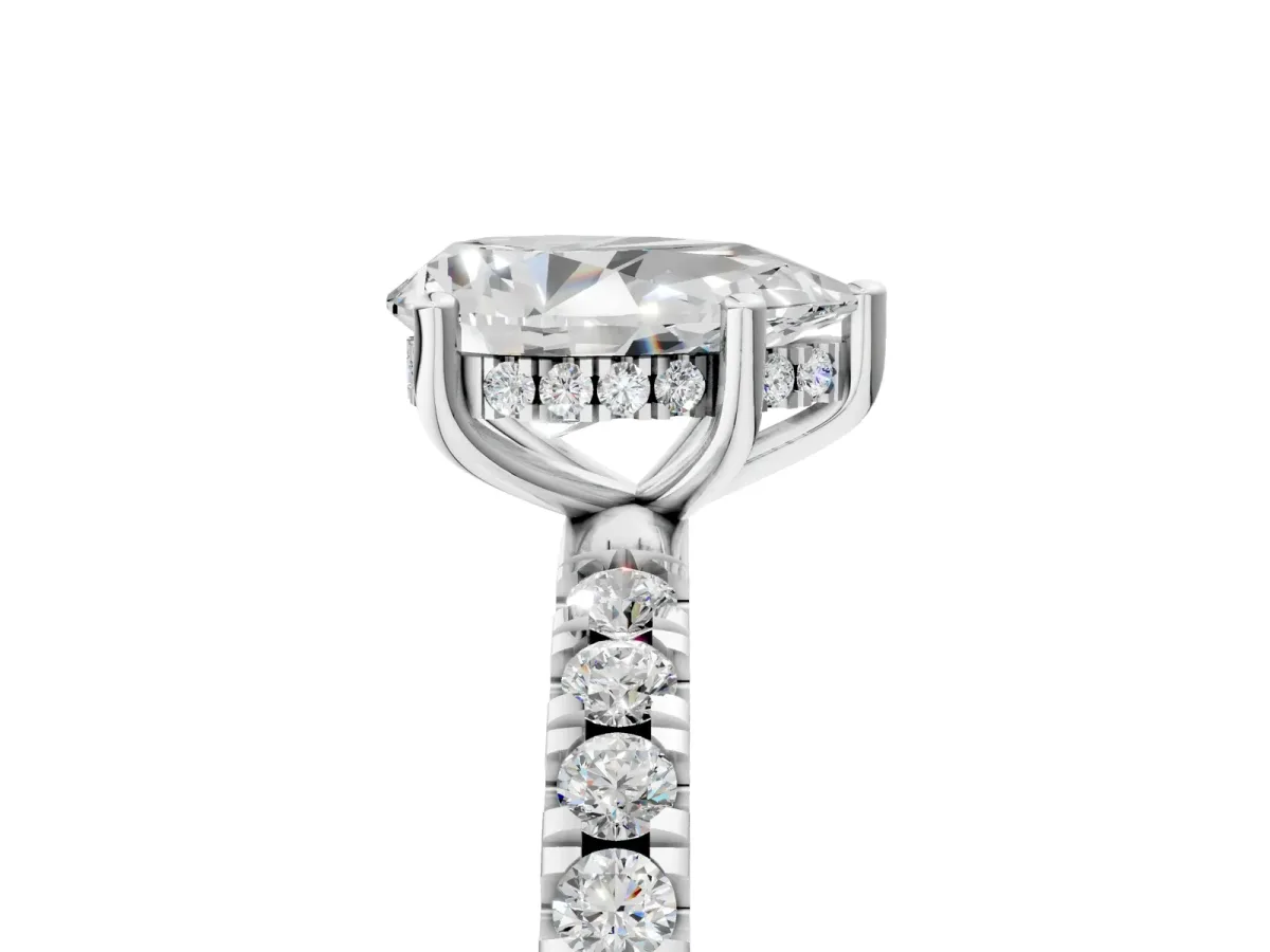Pear Cut Diamond Pave Band Solitaire Ring with Round and Prong Setting White gold
