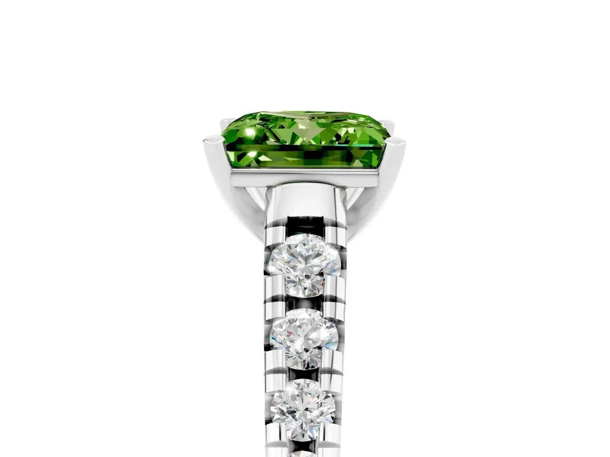 Princess Cut Peridot Cathedral Solitaire Ring with Round Pavé Band White gold