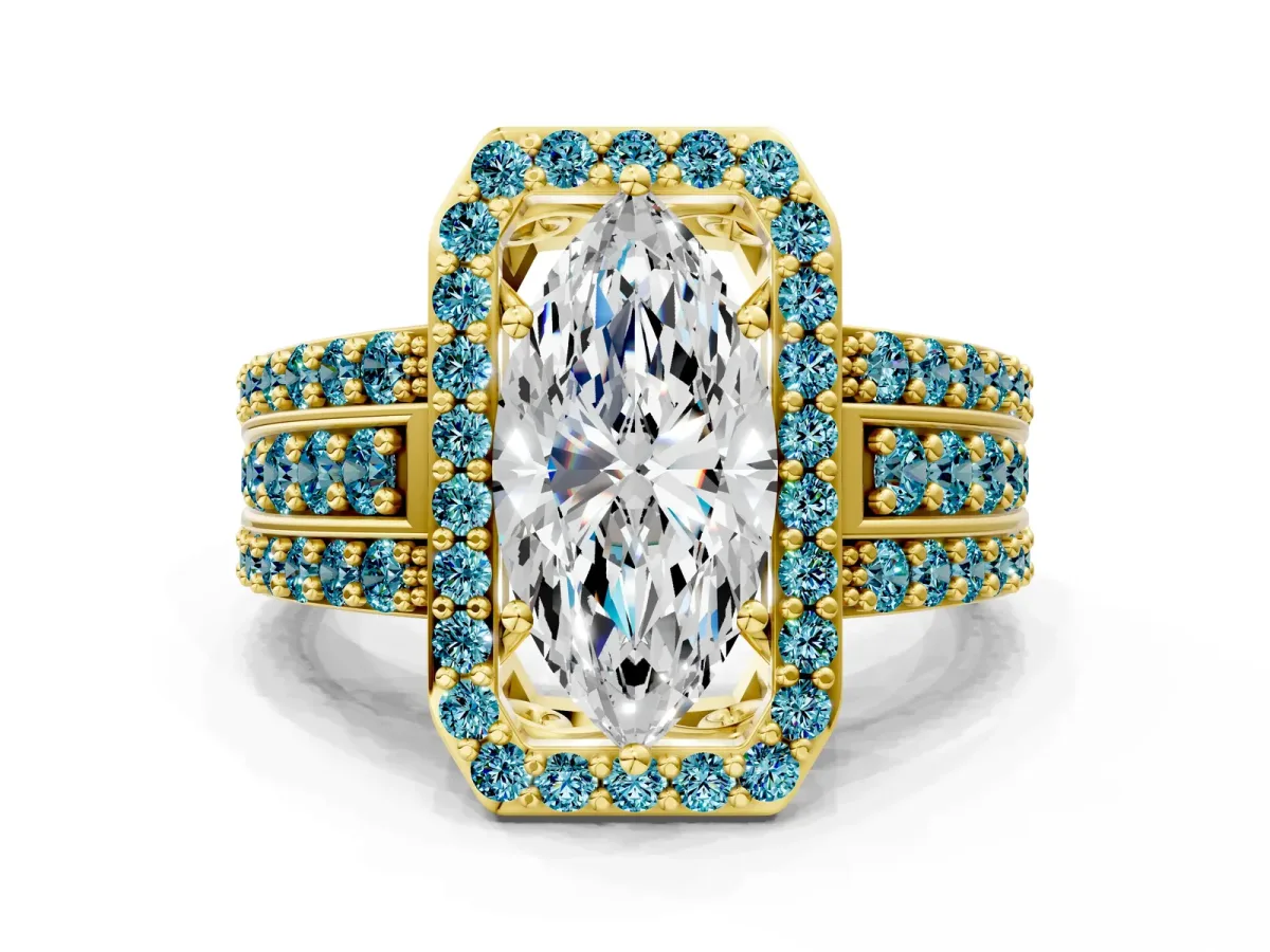 Marquise Cut Halo Diamond Ring with Round Blue Topaz Split Shank and Prong Setting Yellow gold