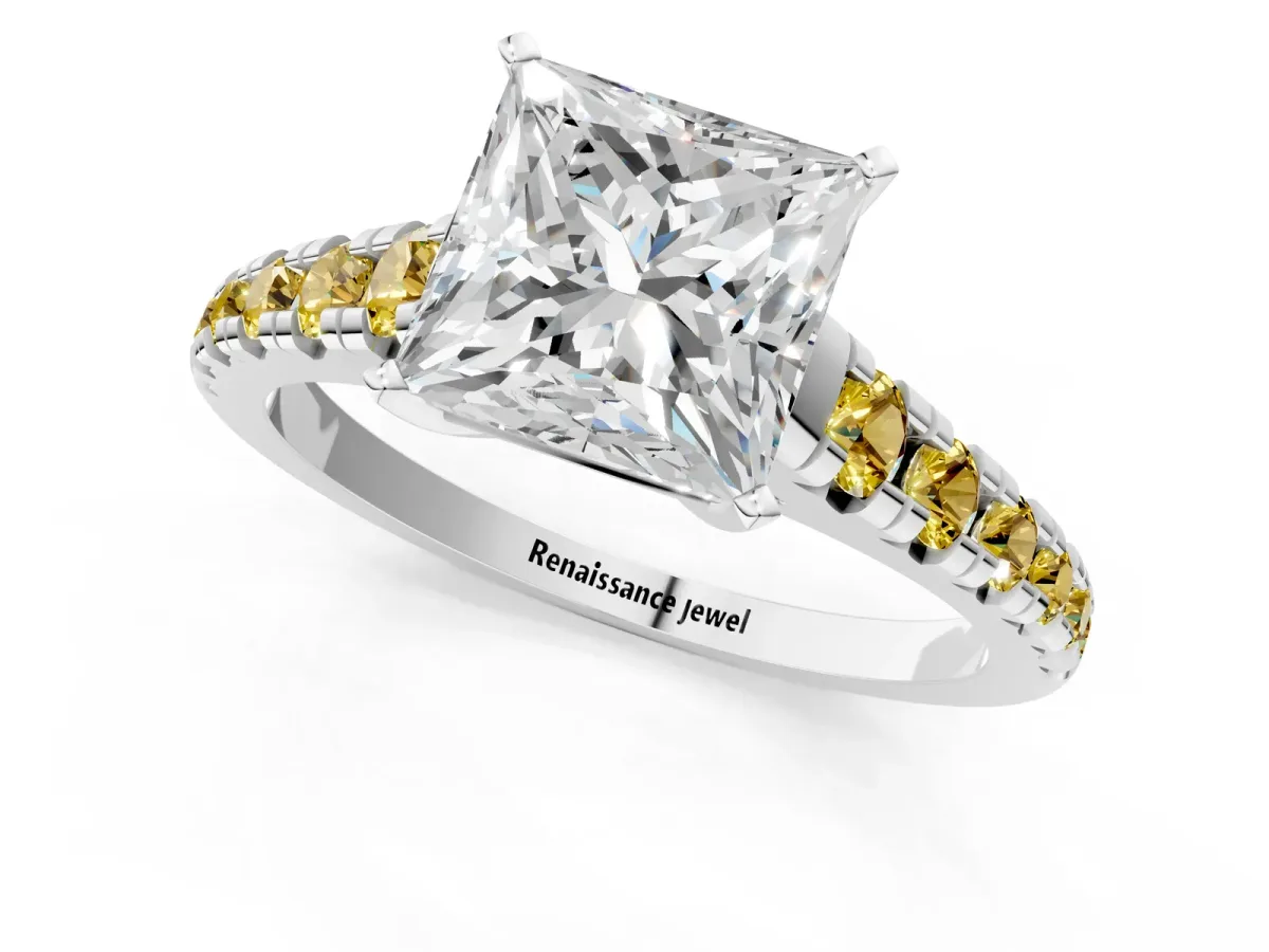 Princess Cut Diamond Cathedral Solitaire Ring with Round Yellow Sapphire Pavé Band Silver