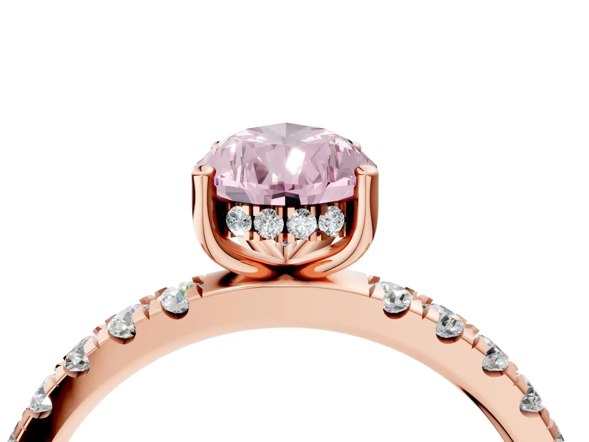 Fancy Pink Pear Cut Diamond Pave Band Solitaire Ring with Round and Prong Setting Rose gold