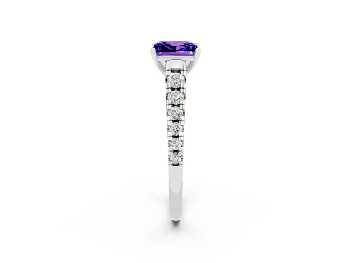 Princess Cut Tanzanite Cathedral Solitaire Ring with Round Pavé Band Silver