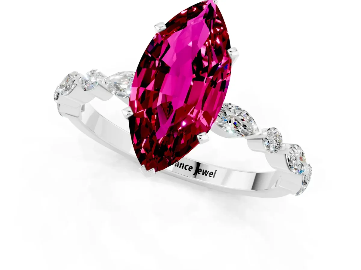 Marquise Cut Garnet Ring with Marquise and Round Side Stones and Four-Prong Setting Silver