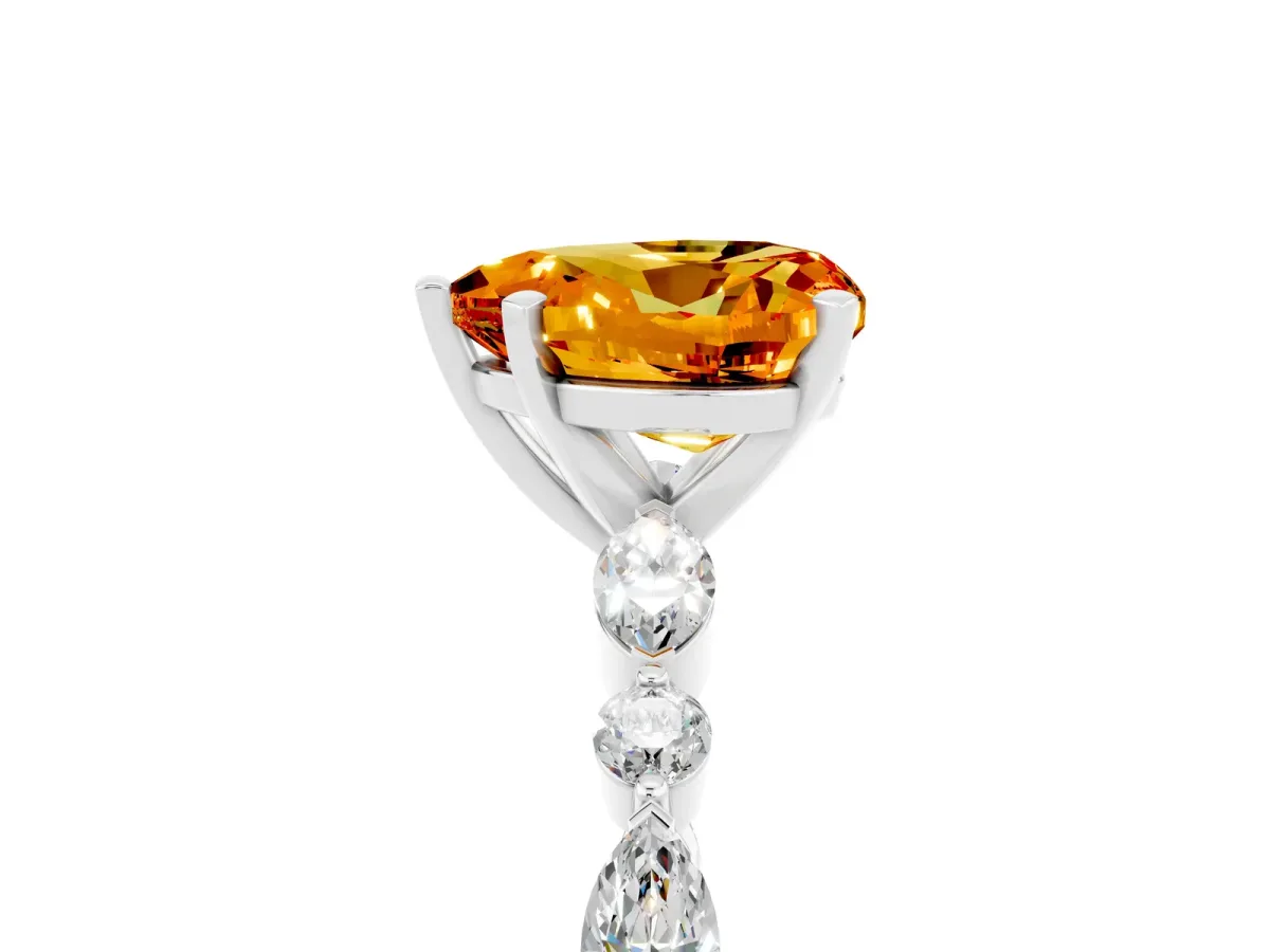 Heart Cut Citrine Ring with Marquise and Round Side Stones and Four-Prong Setting Platinum