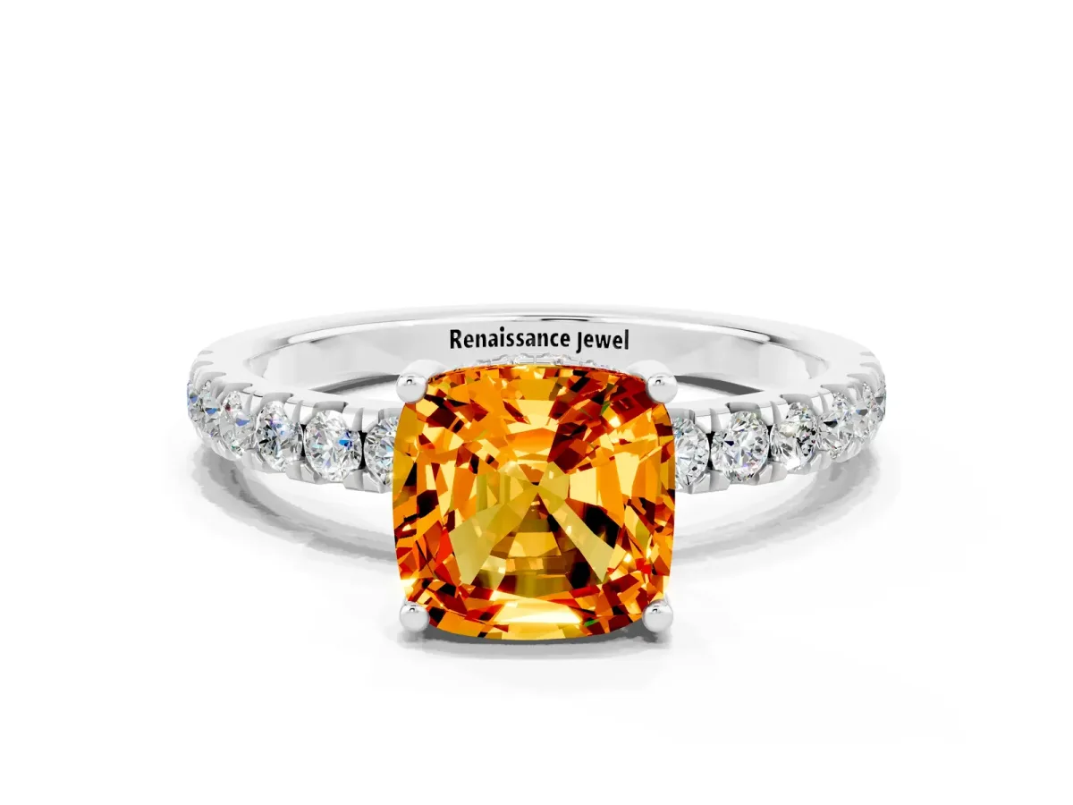 Cushion Cut Citrine Pave Band Solitaire Ring with Round and Prong Setting Silver