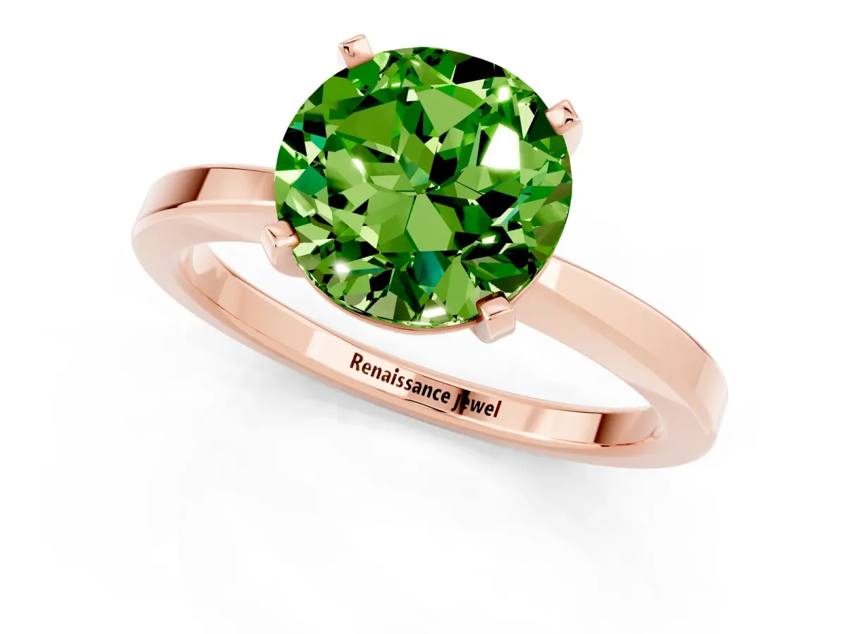 Round Cut Peridot Solitaire Engagement Ring with Classic Band and Four-Prong Setting Rose gold